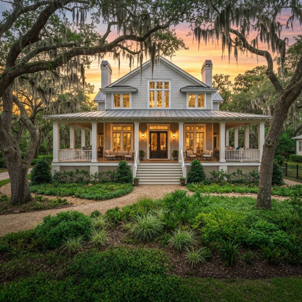 Elevated Southern home at sunset surrounded by mature live oak trees