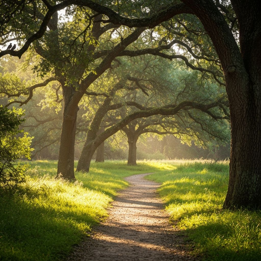 Morning walk through live oak trees along a Gulf Coast nature trail